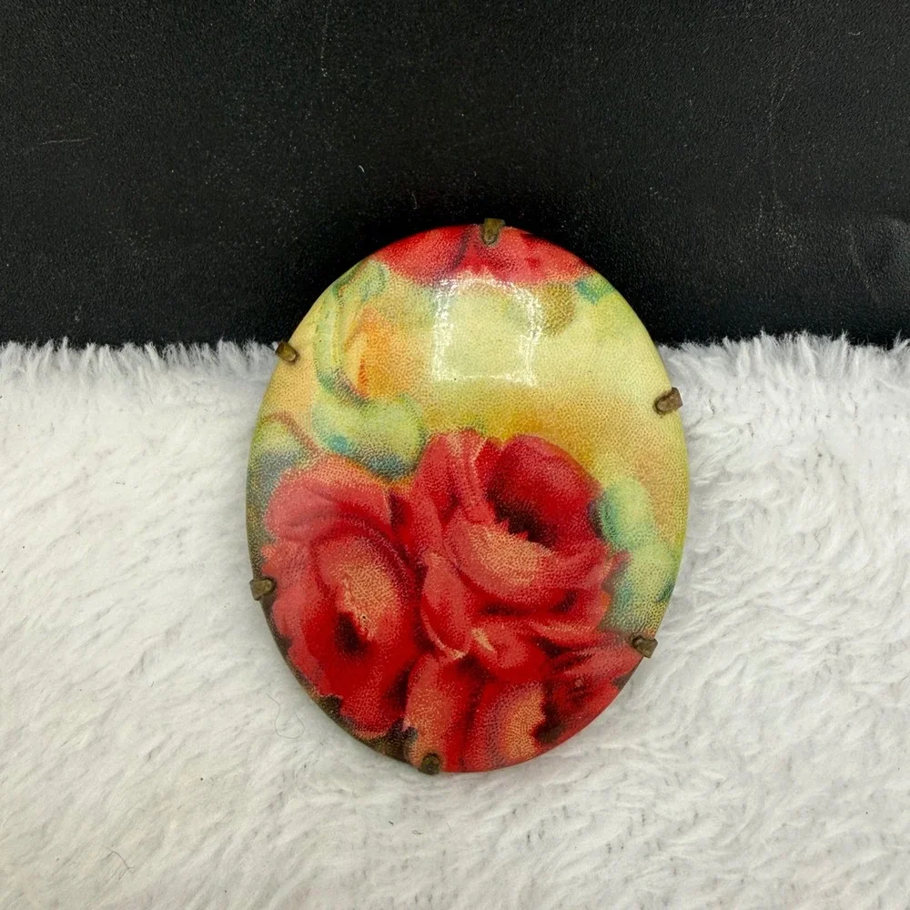 Vintage Victorian Porcelain Brooch Red Rose Floral Oval Brass Tone Pin